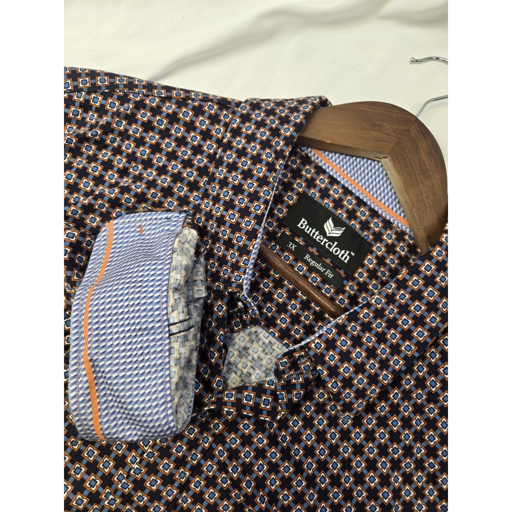 Buttercloth Shirt Men 3XL Regular‎ Fit Geometric Cotton Long Sleeve Butter Cloth
